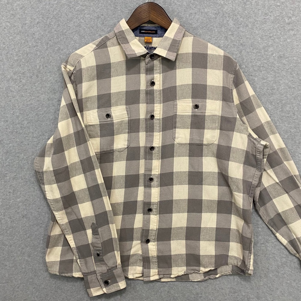 TAILOR VINTAGE Luxe Performance Mens Large Flannel Button Shirt Beige Gray Plaid
